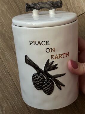 Magenta Peace On Earth Canister Ceramic Jar w Lid Pinecone Holiday NWT